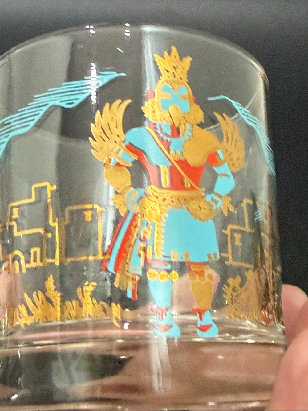 Vintage COUROC Of Monterey Hopi Kachina 22K Gold Gilt Lowball Glass